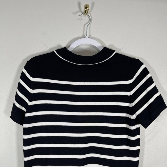 Liverpool Black White Striped Knit Polo Top‎ Womens Medium Short Sleeve Preppy - Picture 5 of 7